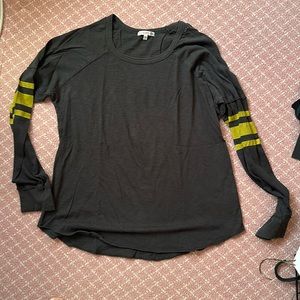 Sundry long sleeve blue/grey with yellow stripes on arm. Regular fit. Soft